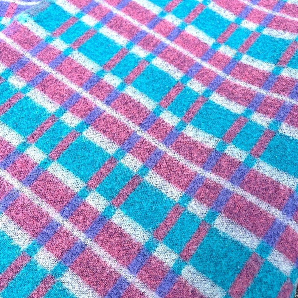 Vintage Traverse Bay Woolen Co Wool Blanket 56x81 Plaid Pink Aqua Purple USA - Picture 5 of 10